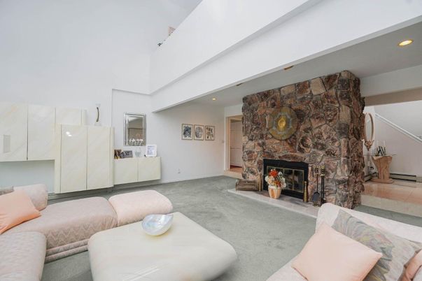 Fireplace, Interior, Living room, Recessed Lighting, Stone Walls