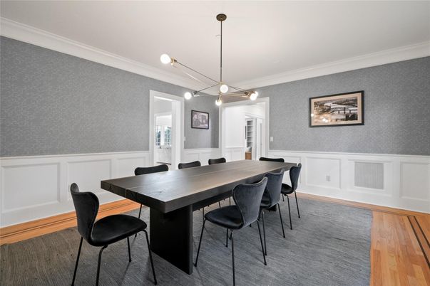 Dining room, Interior, Pendant Lights, Wood Texture Flooring