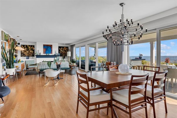Dining room, Interior, Living room, Pendant Lights, Water, Wood Texture Flooring