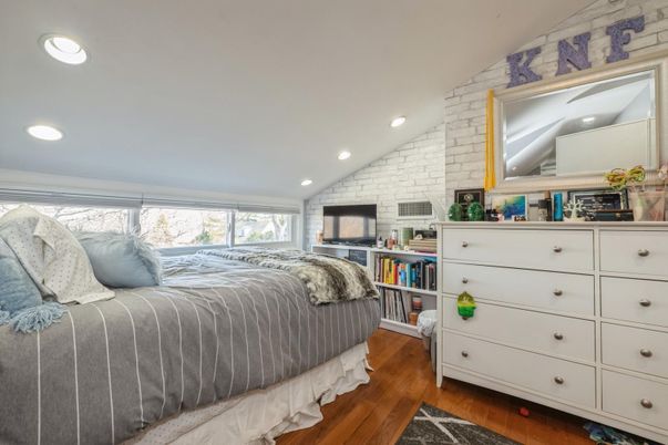 Bedroom, Interior, Recessed Lighting, Stone Walls, Wood Texture Flooring