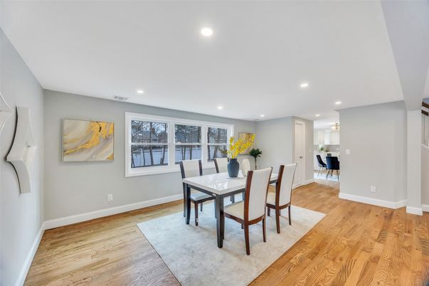 Dining room, Interior, Recessed Lighting, Wood Texture Flooring