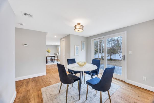 Dining room, Interior, Recessed Lighting, Wood Texture Flooring