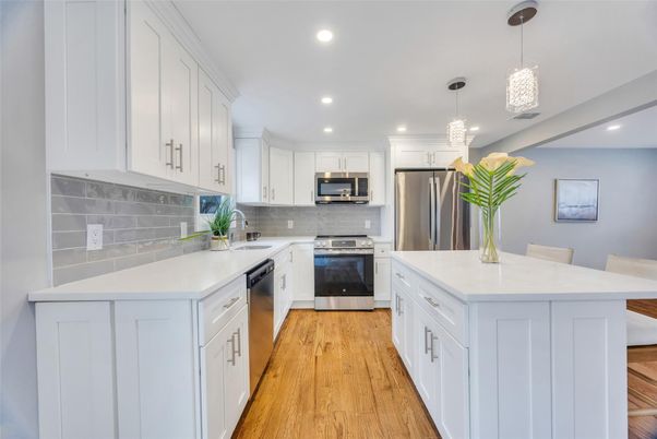 Interior, Kitchen, Pendant Lights, Recessed Lighting, Stainless Steel Appliances, Wood Texture Flooring