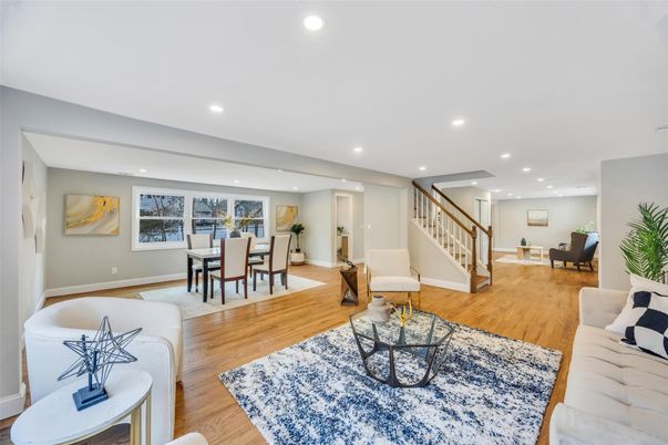 Dining room, Interior, Living room, Recessed Lighting, Wood Texture Flooring