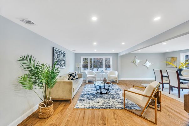 Dining room, Interior, Living room, Recessed Lighting, Wood Texture Flooring