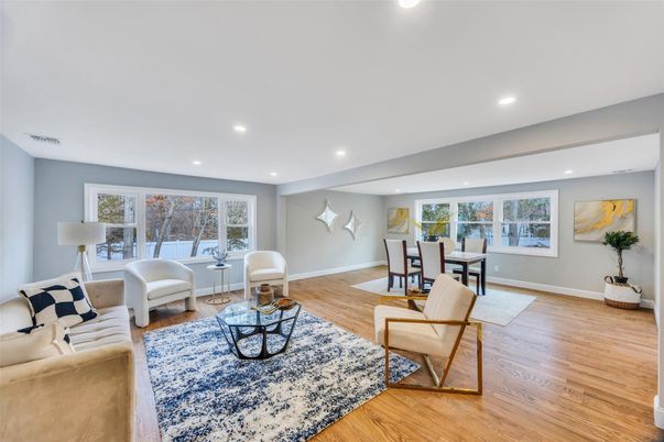 Dining room, Interior, Living room, Recessed Lighting, Wood Texture Flooring