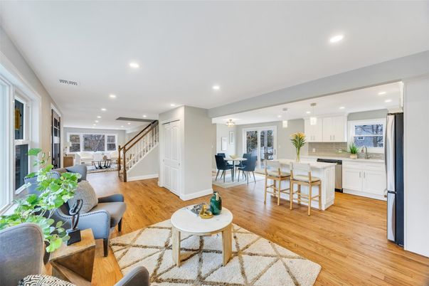 Dining room, Interior, Kitchen, Living room, Pendant Lights, Recessed Lighting, Wood Texture Flooring