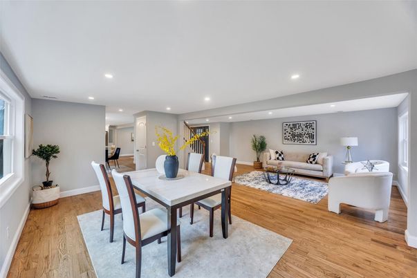 Dining room, Interior, Living room, Recessed Lighting, Wood Texture Flooring
