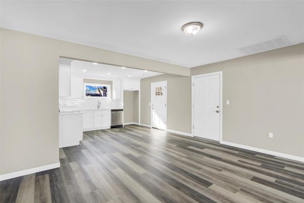 Empty room, Interior, Kitchen, Recessed Lighting, Wood Texture Flooring