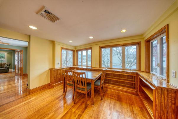 Dining room, Interior, Recessed Lighting, Wood Texture Flooring