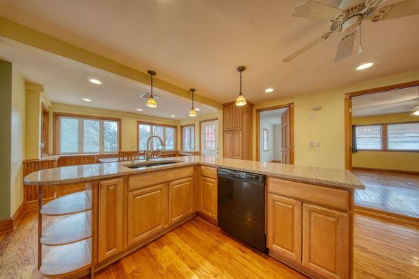 Interior, Kitchen, Pendant Lights, Recessed Lighting, Wood Texture Flooring