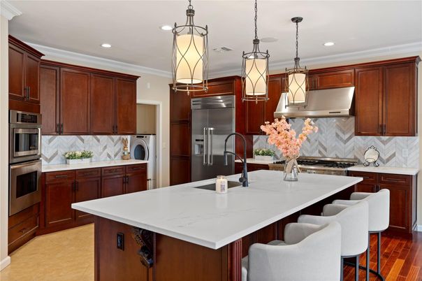 Interior, Kitchen, Pendant Lights, Recessed Lighting, Stainless Steel Appliances, Wood Texture Flooring