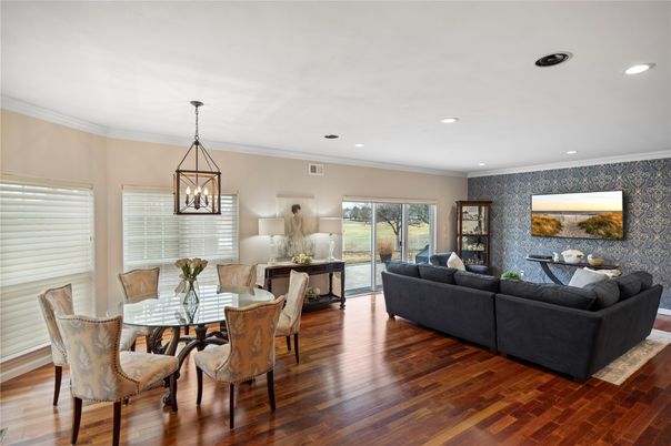 Dining room, Interior, Living room, Pendant Lights, Recessed Lighting, Wood Texture Flooring