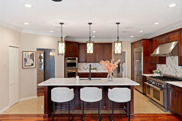 Interior, Kitchen, Pendant Lights, Recessed Lighting, Stainless Steel Appliances, Wood Texture Flooring