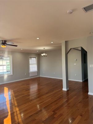 Chandelier, Empty room, Interior, Recessed Lighting, Wood Texture Flooring