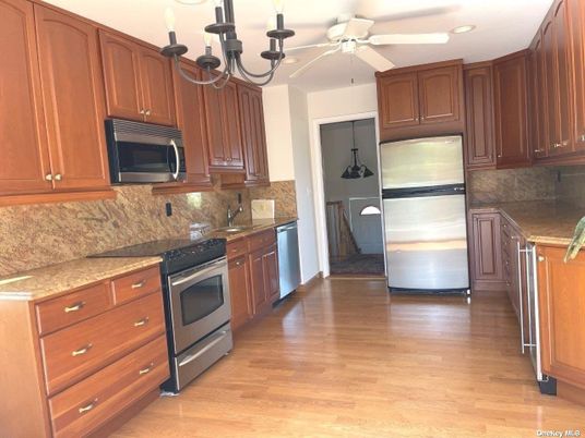 Chandelier, Interior, Kitchen, Recessed Lighting, Stainless Steel Appliances, Wood Texture Flooring
