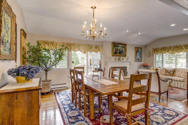Chandelier, Dining room, Fireplace, Interior, Living room, Recessed Lighting, Wood Texture Flooring