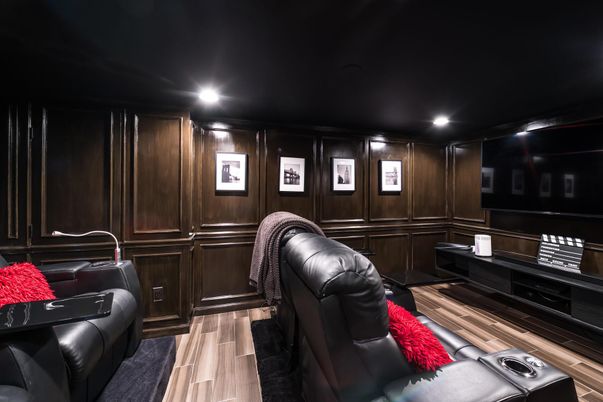 Home Theatre Room, Interior, Recessed Lighting, Theatre Room, Wood Texture Flooring, Wooden Walls