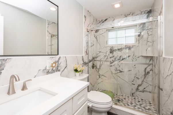 Bathroom, Glass Shower, Interior, Marble Walls, Recessed Lighting