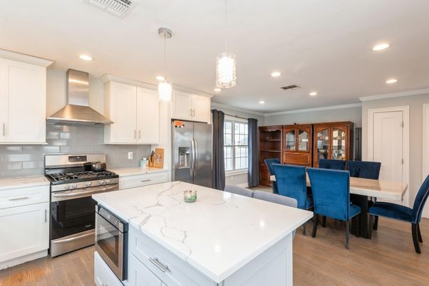 Interior, Kitchen, Pendant Lights, Recessed Lighting, Stainless Steel Appliances, Wood Texture Flooring