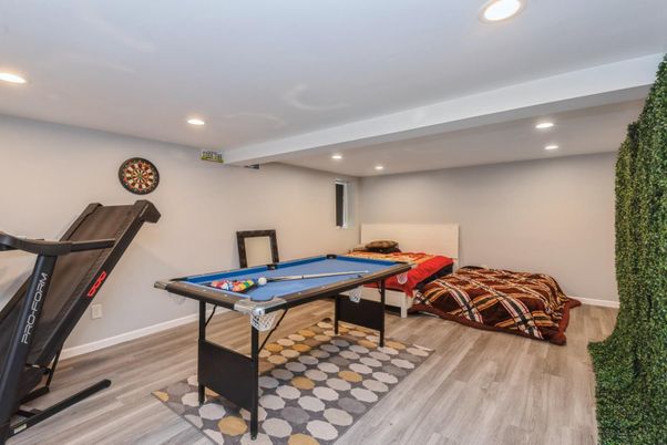 Billiard Table, Fitness Equipment, Game Room, Interior, Recessed Lighting, Wood Texture Flooring