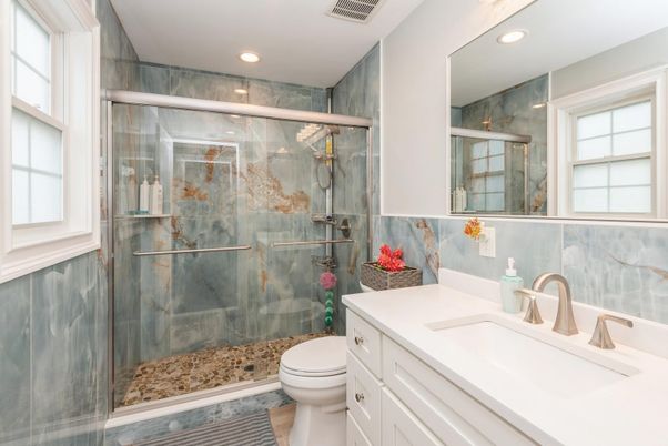 Bathroom, Glass Shower, Interior, Recessed Lighting
