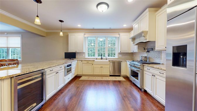 Interior, Kitchen, Pendant Lights, Recessed Lighting, Stainless Steel Appliances, Wood Texture Flooring
