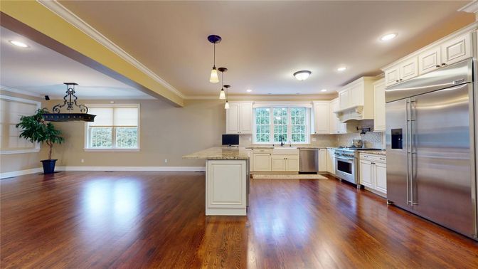 Interior, Kitchen, Pendant Lights, Recessed Lighting, Stainless Steel Appliances, Wood Texture Flooring