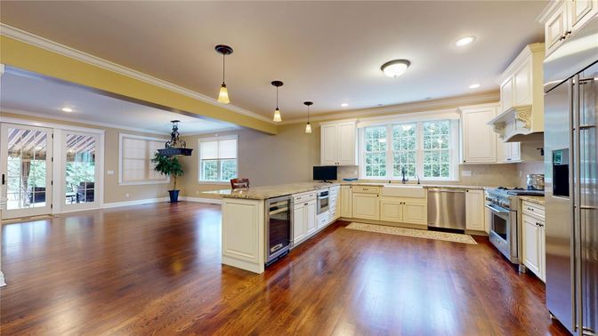 Interior, Kitchen, Pendant Lights, Recessed Lighting, Stainless Steel Appliances, Wood Texture Flooring