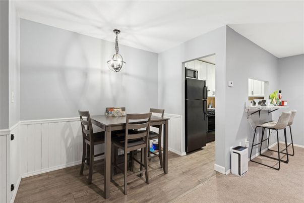 Dining room, Interior, Kitchen, Pendant Lights, Wood Texture Flooring