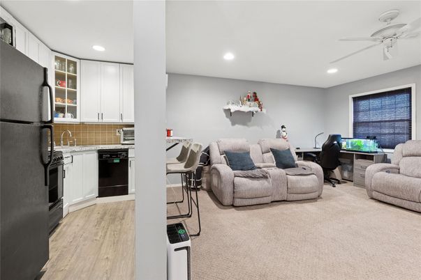 Interior, Kitchen, Living room, Recessed Lighting, Wood Texture Flooring