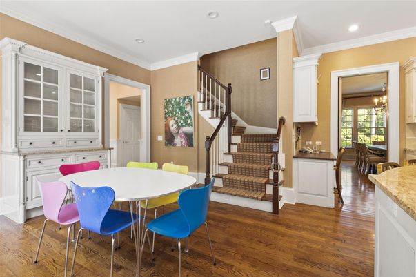 Dining room, Interior, Recessed Lighting, Wood Texture Flooring