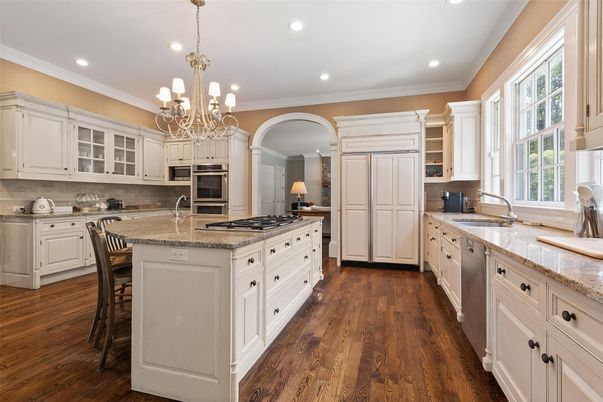 Chandelier, Interior, Kitchen, Recessed Lighting, Stainless Steel Appliances, Wood Texture Flooring
