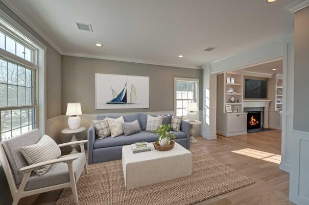 Fireplace, Interior, Living room, Recessed Lighting, Wood Texture Flooring