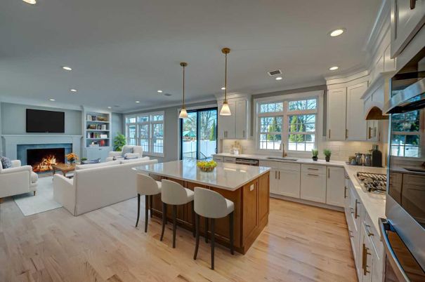 Fireplace, Interior, Kitchen, Living room, Pendant Lights, Recessed Lighting, Wood Texture Flooring
