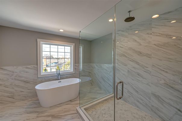 Bathroom, Free Standing Baths, Glass Shower, Interior, Marble, Marble Walls, Recessed Lighting