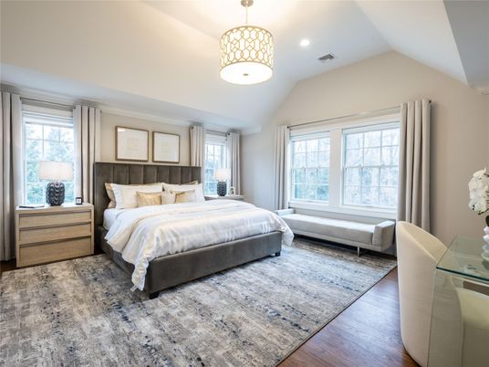 Bedroom, Interior, Pendant Lights, Recessed Lighting, Wood Texture Flooring