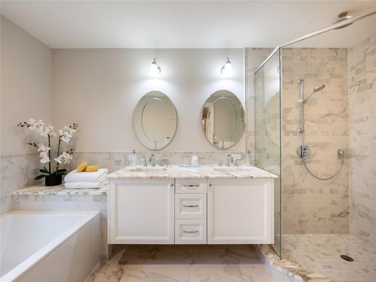 Bathroom, Dual Sink Vanities, Glass Shower, Interior, Marble, Marble Walls