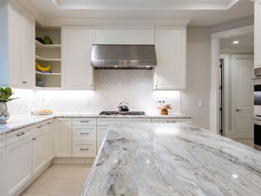 Interior, Kitchen, Marble, Recessed Lighting, Stainless Steel Appliances