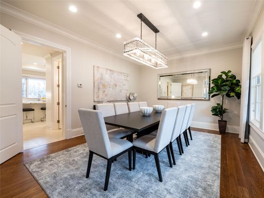 Dining room, Interior, Pendant Lights, Recessed Lighting, Wood Texture Flooring