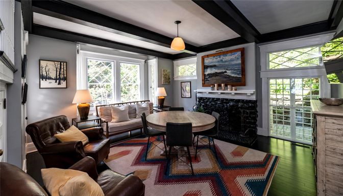 Dining room, Fireplace, Interior, Living room, Pendant Lights, Wood Texture Flooring
