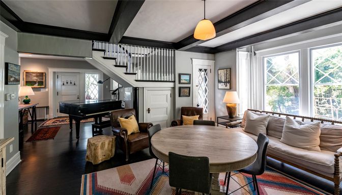 Dining room, Interior, Living room, Pendant Lights, Piano, Wood Texture Flooring
