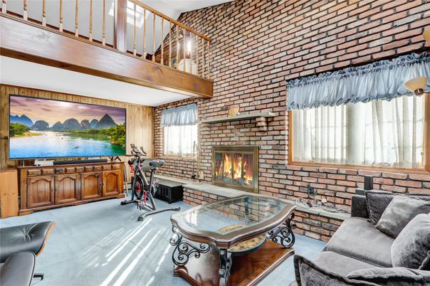 Fireplace, Fitness Equipment, Interior, Living room, Stone Walls