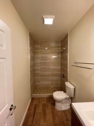 Bathroom, Glass Shower, Interior, Wood Texture Flooring