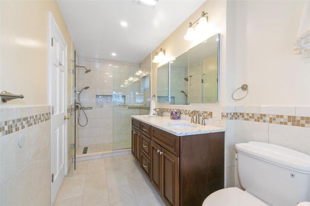 Bathroom, Dual Sink Vanities, Glass Shower, Interior, Recessed Lighting