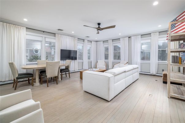 Dining room, Interior, Living room, Recessed Lighting, Wood Texture Flooring