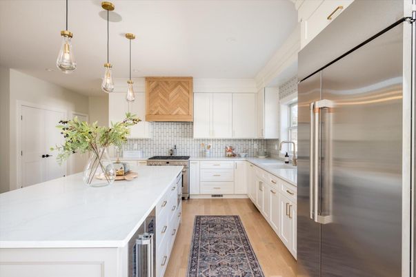 Interior, Kitchen, Pendant Lights, Stainless Steel Appliances, Wood Texture Flooring