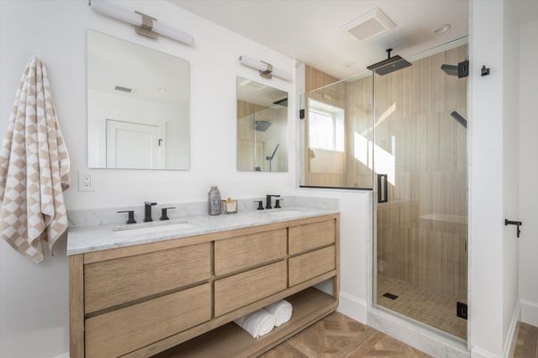 Bathroom, Dual Sink Vanities, Glass Shower, Interior, Wood Texture Flooring