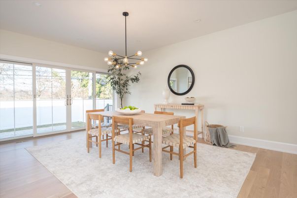 Dining room, Interior, Pendant Lights, Wood Texture Flooring
