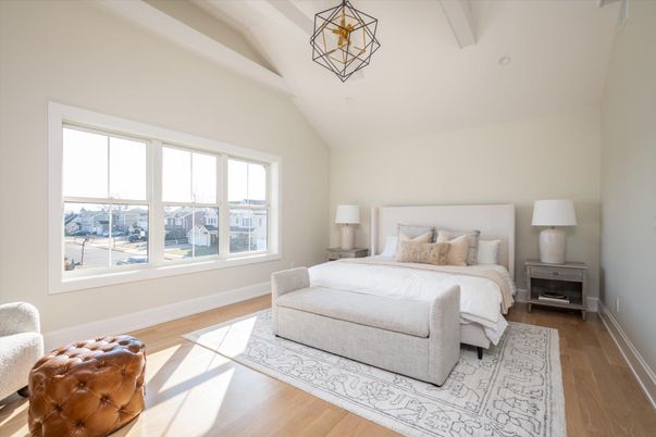 Bedroom, Interior, Pendant Lights, Wood Texture Flooring